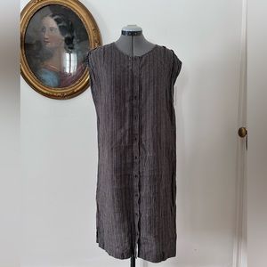 100% Linen Striped Knee Length Buttondown Shift Dress